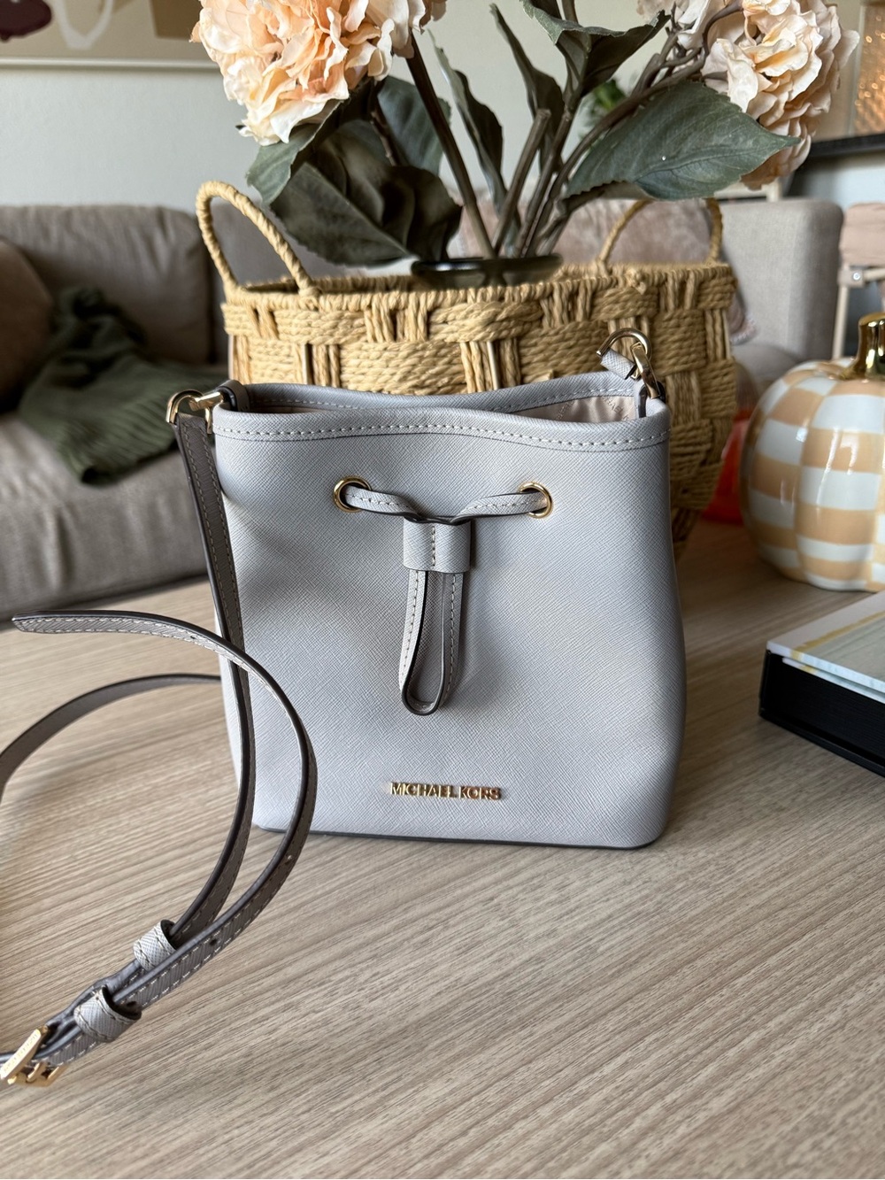 Michael Kors Gray Leather Drawstring Crossbody Bag